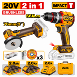 Ingco 20V Cordless Mini Cut-Off Tool & Brushless Impact Drill Combo Kit with 2 × 2.0Ah Batteries & Charger - CKLI20255