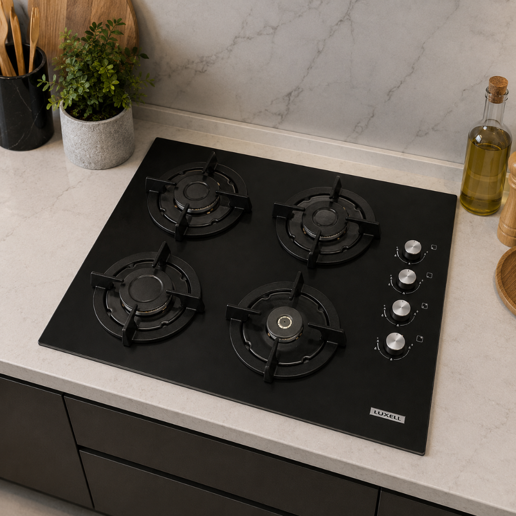 Luxell 60cm 4-Burner Built-In Glass Gas Hob with Gas Safety & Auto Ignition - C6-40BF