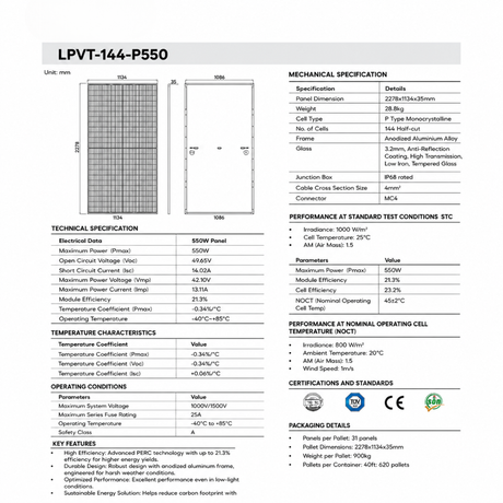 LPVT High Efficiency Monocrystalline Solar Panel 550W - LPVT-144-P550