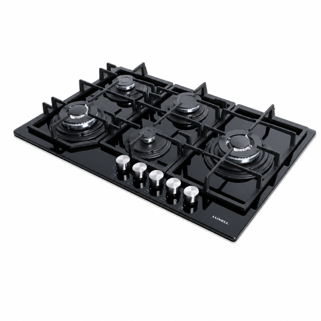 Luxell Hex 90cm 5-Burner Black Glass Gas Hob with Cast Iron Supports - C9-50WF