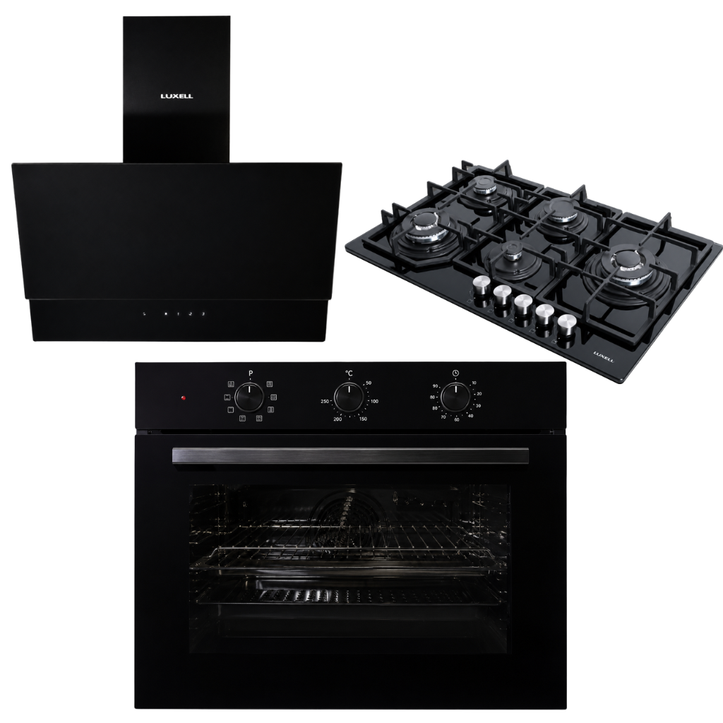 Buy Luxell Hex 90cm Black Glass 3-Piece Built-In Kitchen Set 5-Burner ...