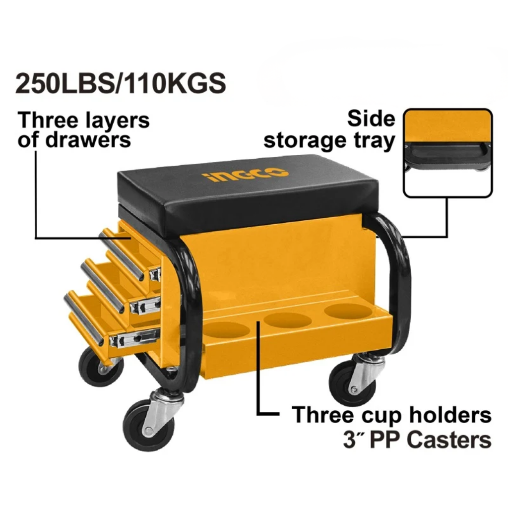 Ingco Mobile Workshop Creeper Seat with 3 Storage Drawers - HCS103