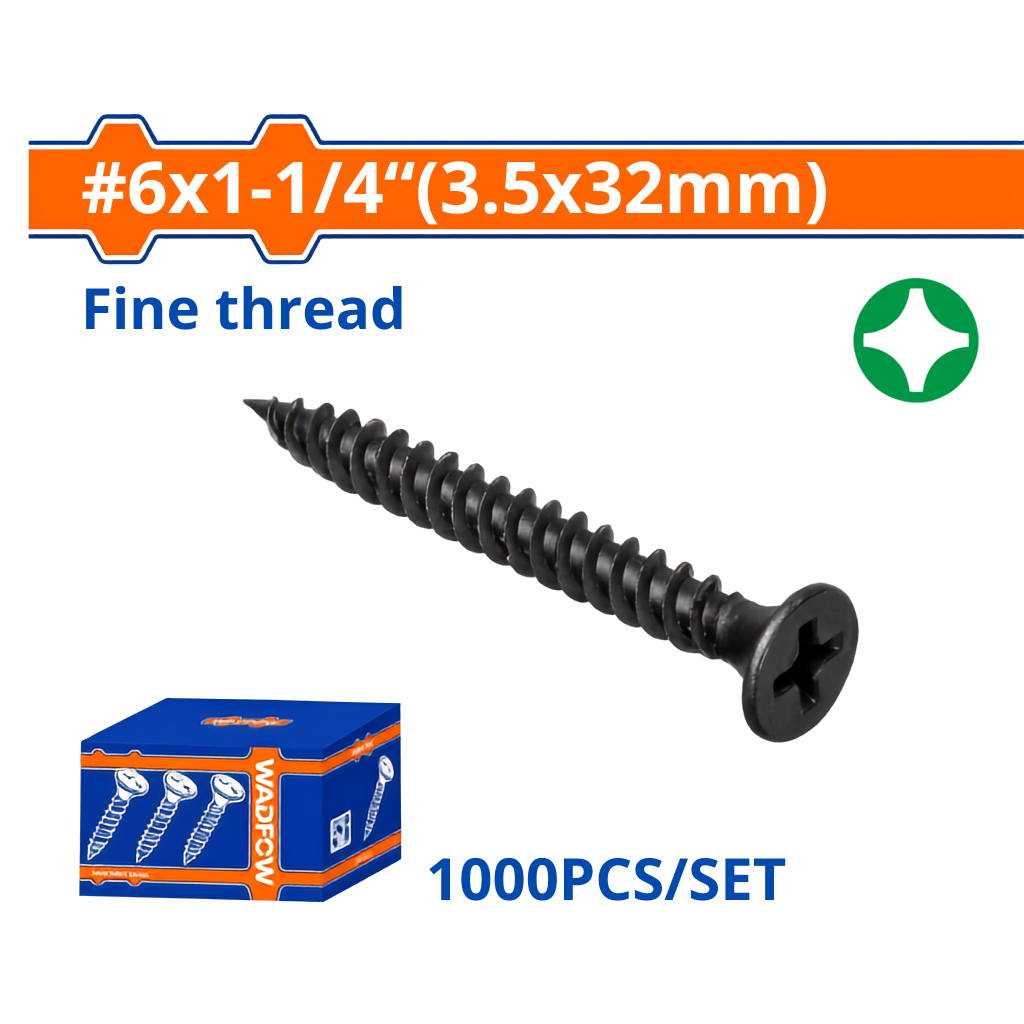 Wadfow 1,000-Piece Fine-Thread Drywall Screw Set 3.5mm x 32mm - WXS2513