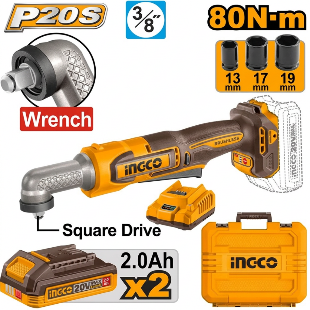 Ingco 20V Brushless Cordless Angle Impact Wrench 3/8", 65Nm with 2 x 2.0 Ah Batteries, Charger & Accessories - CAIWLI208
