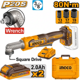Ingco 20V Brushless Cordless Angle Impact Wrench 3/8", 65Nm with 2 x 2.0 Ah Batteries, Charger & Accessories - CAIWLI208