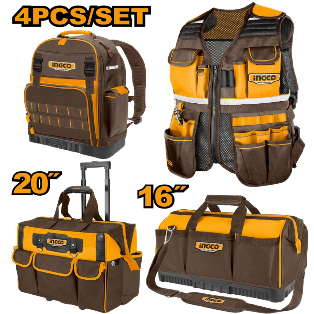 Ingco 4-Piece Professional Tool Bag Set with Tool Vest & Backpack - COS230914