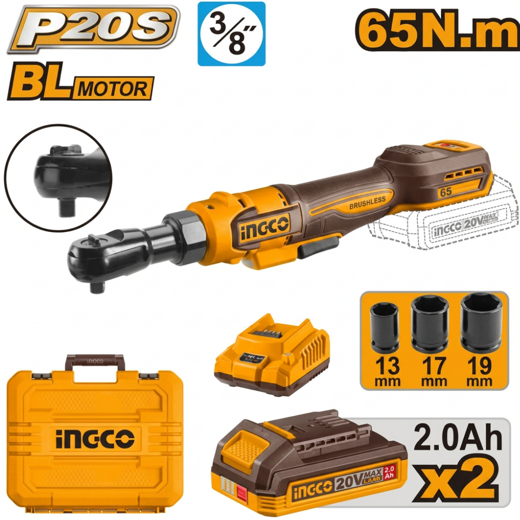 Ingco 20V Brushless Cordless Drive Ratchet 3/8" 65Nm with 2 x 2.0 Ah Batteries, Charger & Accessories - CDRLI20652