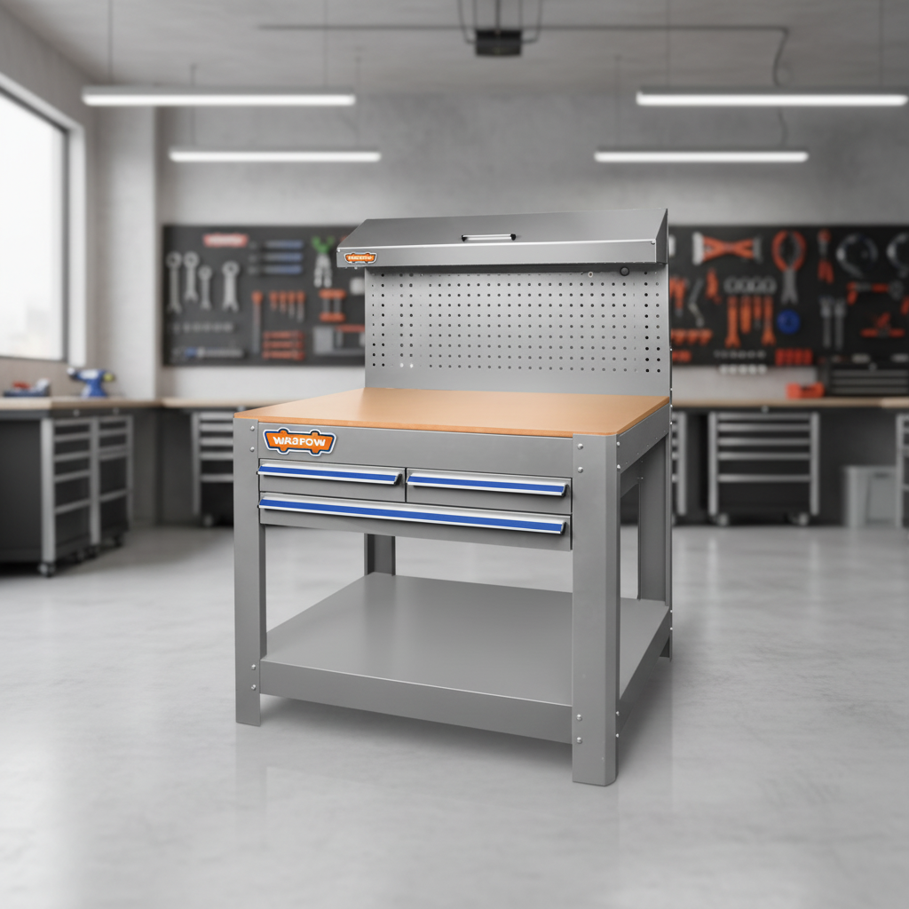 Wadfow Heavy-Duty Work Bench with 3 Drawers, Steel Frame & Pegboard - WCS5A05