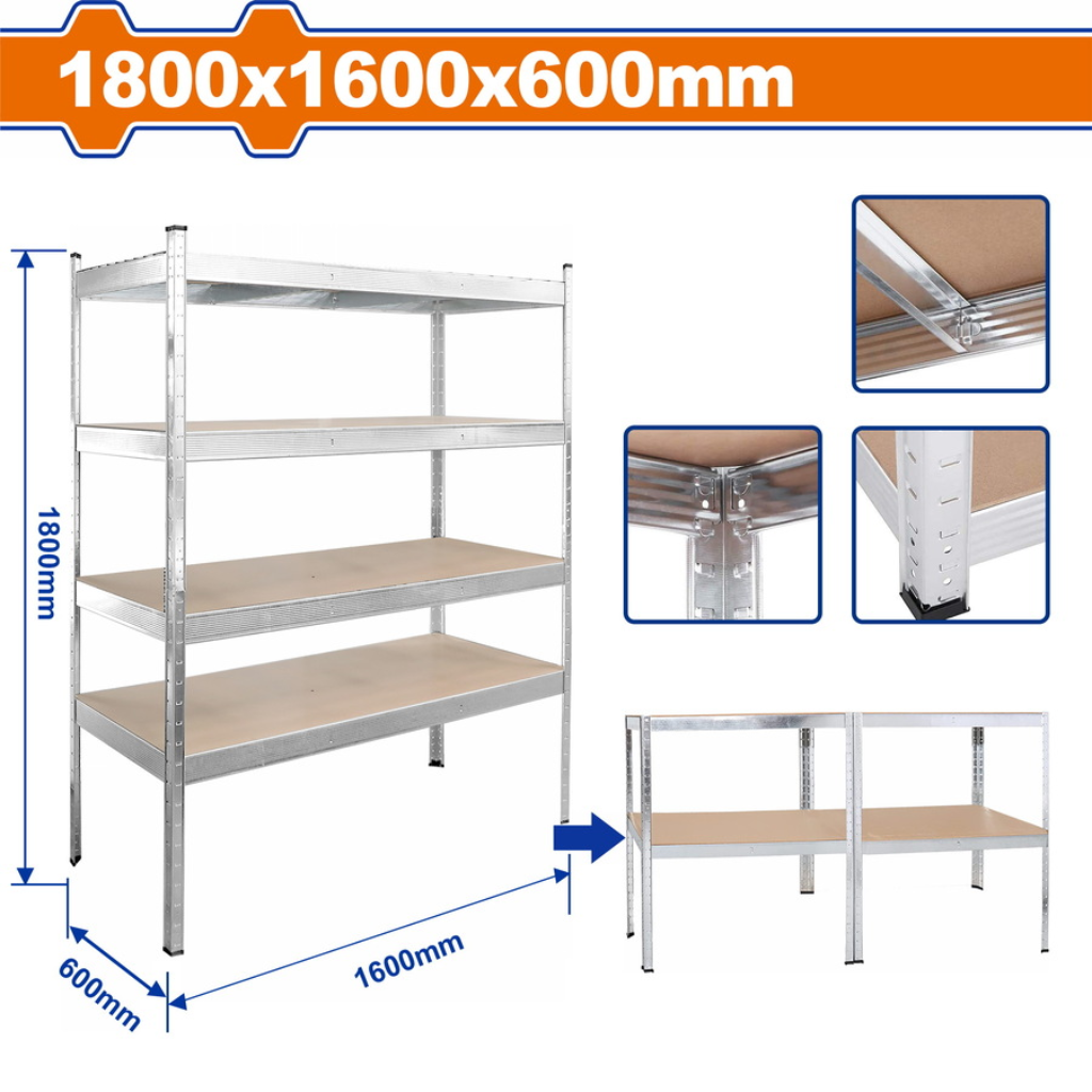 Wadfow 4-Tier Galvanized Steel Storage Shelving Unit 1600 x 600 x 1800mm - WTS1A16