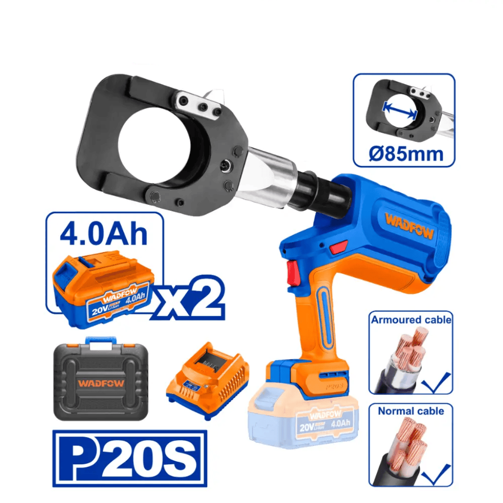 Wadfow Specialty Power Tool Wadfow 20V Cordless Hydraulic Cable Cutter 85mm 60kN with 2 x 4.0Ah Batteries & Charger - WCR2D85