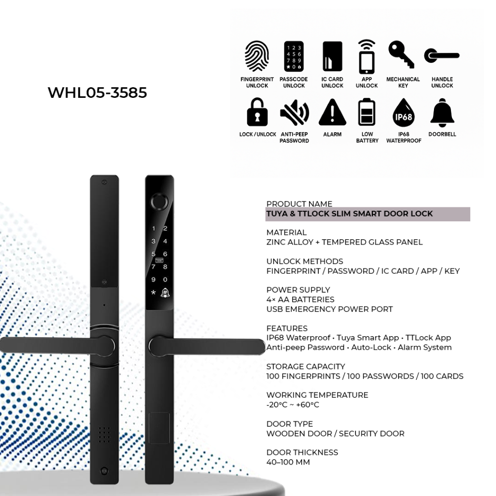 Westa 1P68 Waterproof Narrow Smart Door Lock with Fingerprint, Password & App Control for Aluminium Doors - WHL05-3585