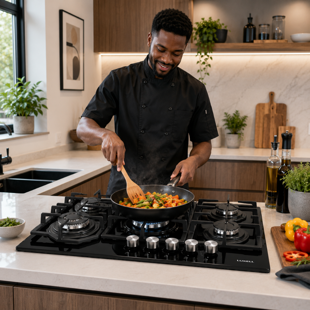 Luxell Hex 90cm 5-Burner Black Glass Gas Hob with Cast Iron Supports - C9-50WF