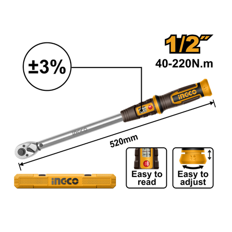 Ingco 1/2" Preset Torque Wrench 40-220Nm 520mm - HPTW1220N8