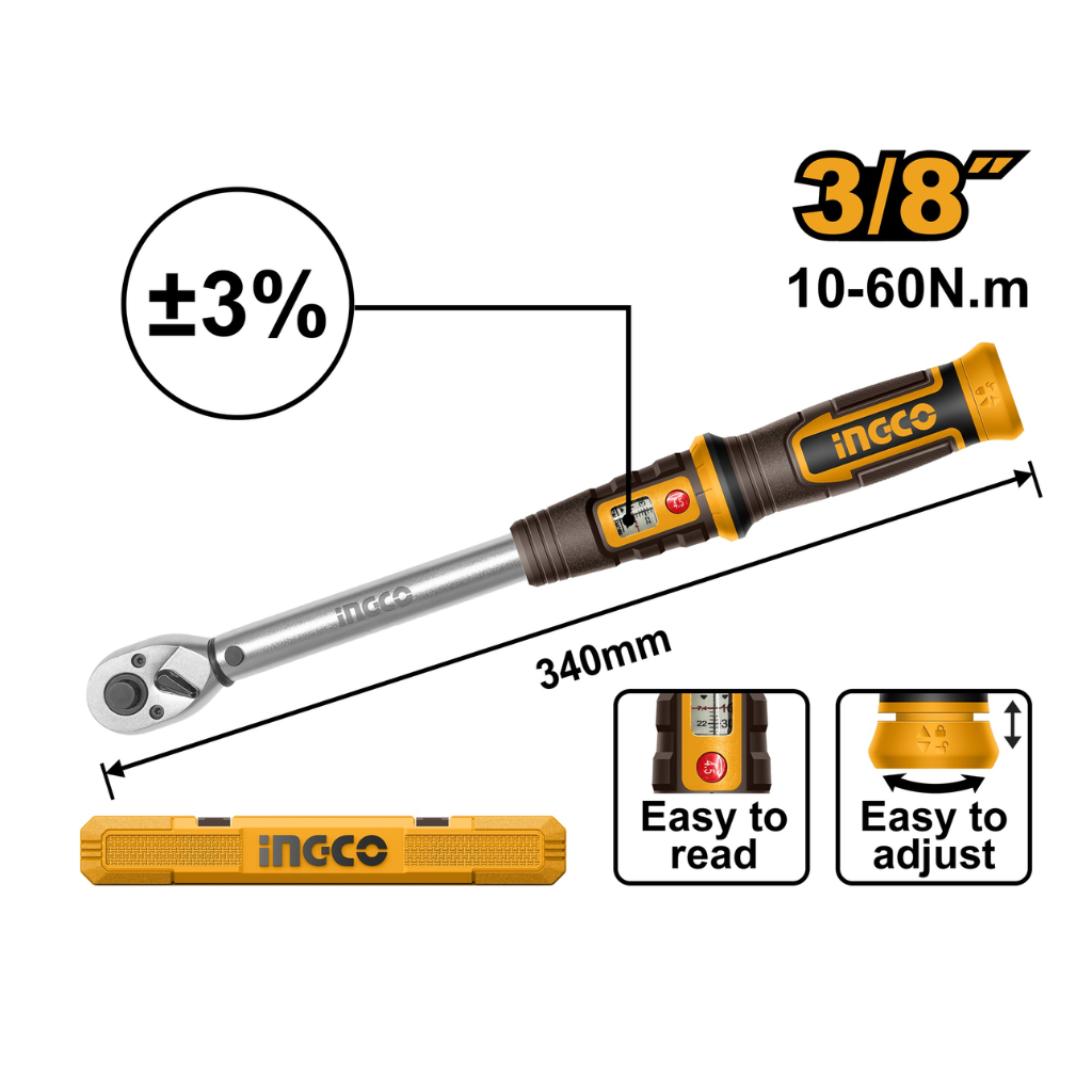 Ingco 3/8" Preset Torque Wrench 10-60Nm 340mm - HPTW3860N8