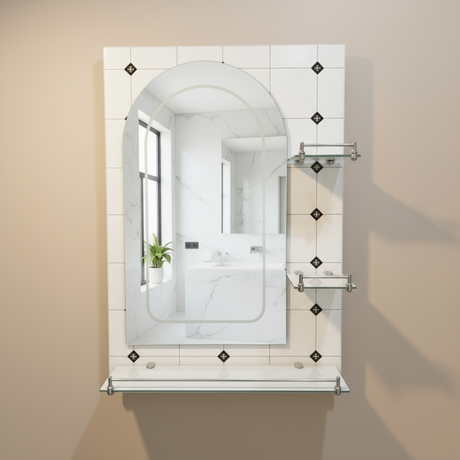 Heavy Curved Bathroom Mirror with Triple Glass Shelf 70x50cm