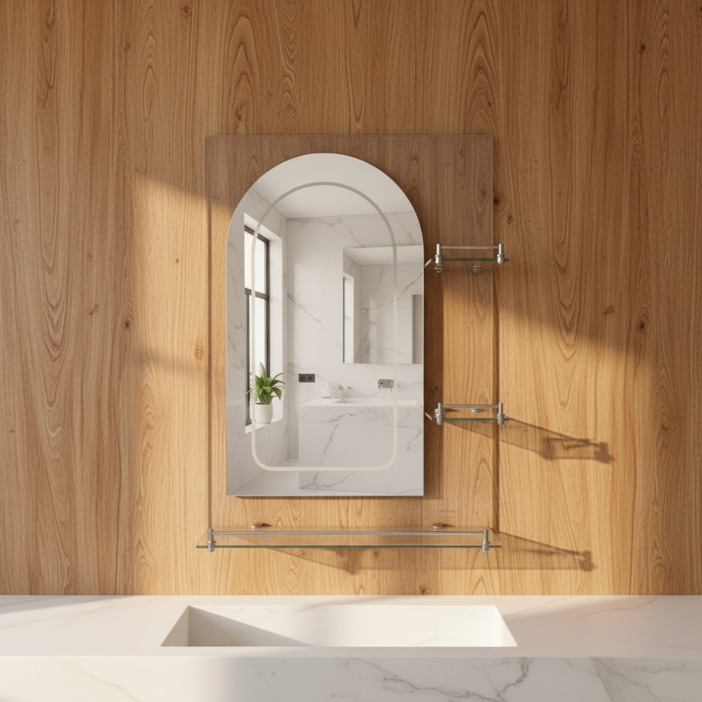 Heavy Curved Bathroom Mirror with Triple Glass Shelf 70x50cm