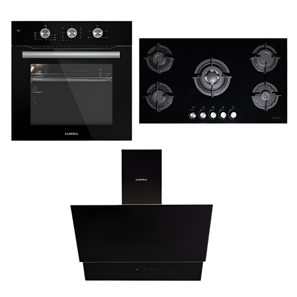 Luxell 90cm Black Glass Built-In Set – Hob, Hood & Oven