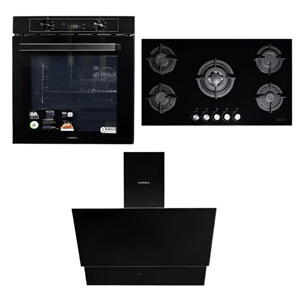 Luxell 90cm Black Glass Built-In Set (Yeniden adlandır) – Hob, Hood & Oven