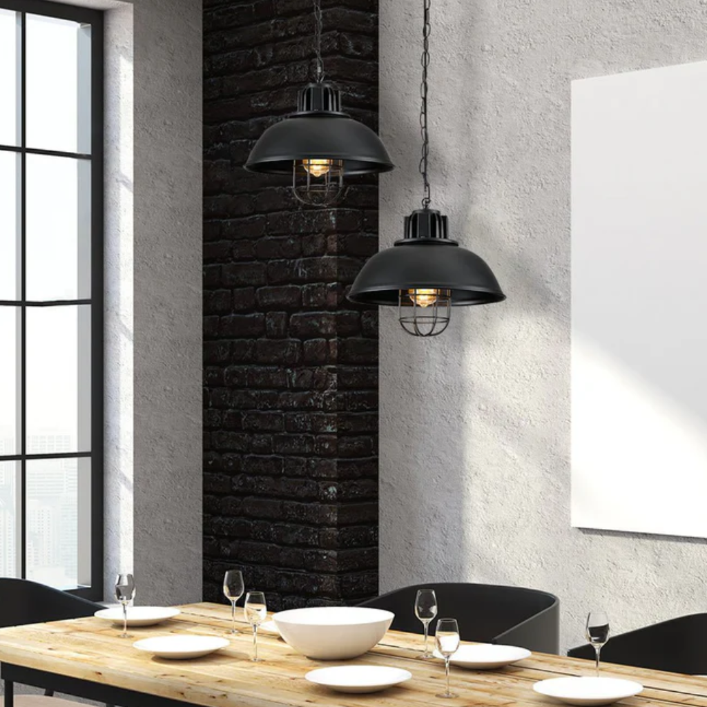 Black Dome Caged Industrial Metal E27 Ceiling Pendant Light