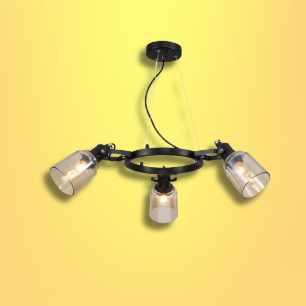 Amber Cone Glass Black Suspended E27 Ceiling Light  - 3 Lamps