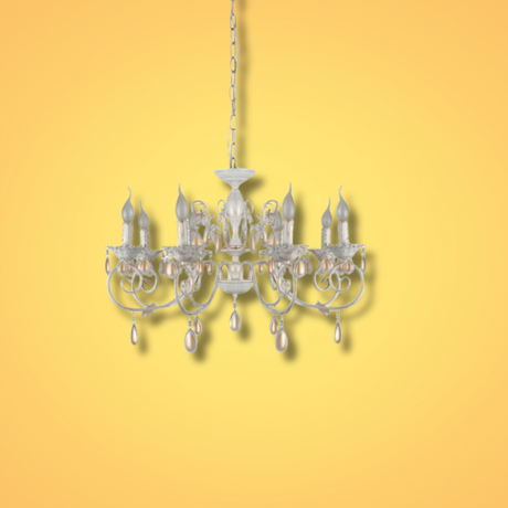 Amber Crystals Rice White with Gold Brushed Metal Arm E14  Ceiling Chandelier Light  - 8 Candles