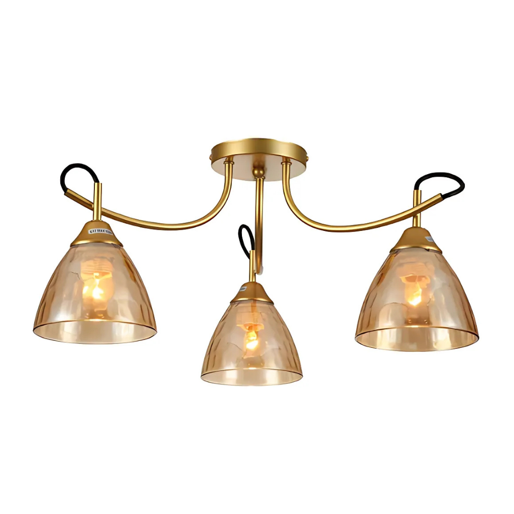 Amber Cone Glass Gold Semi Flush Ceiling Light E27 - 3 Lamps