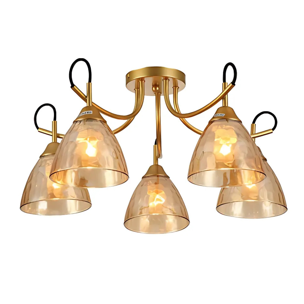 Amber Cone Glass Gold Semi Flush Ceiling Light E27 - 5 Lamps