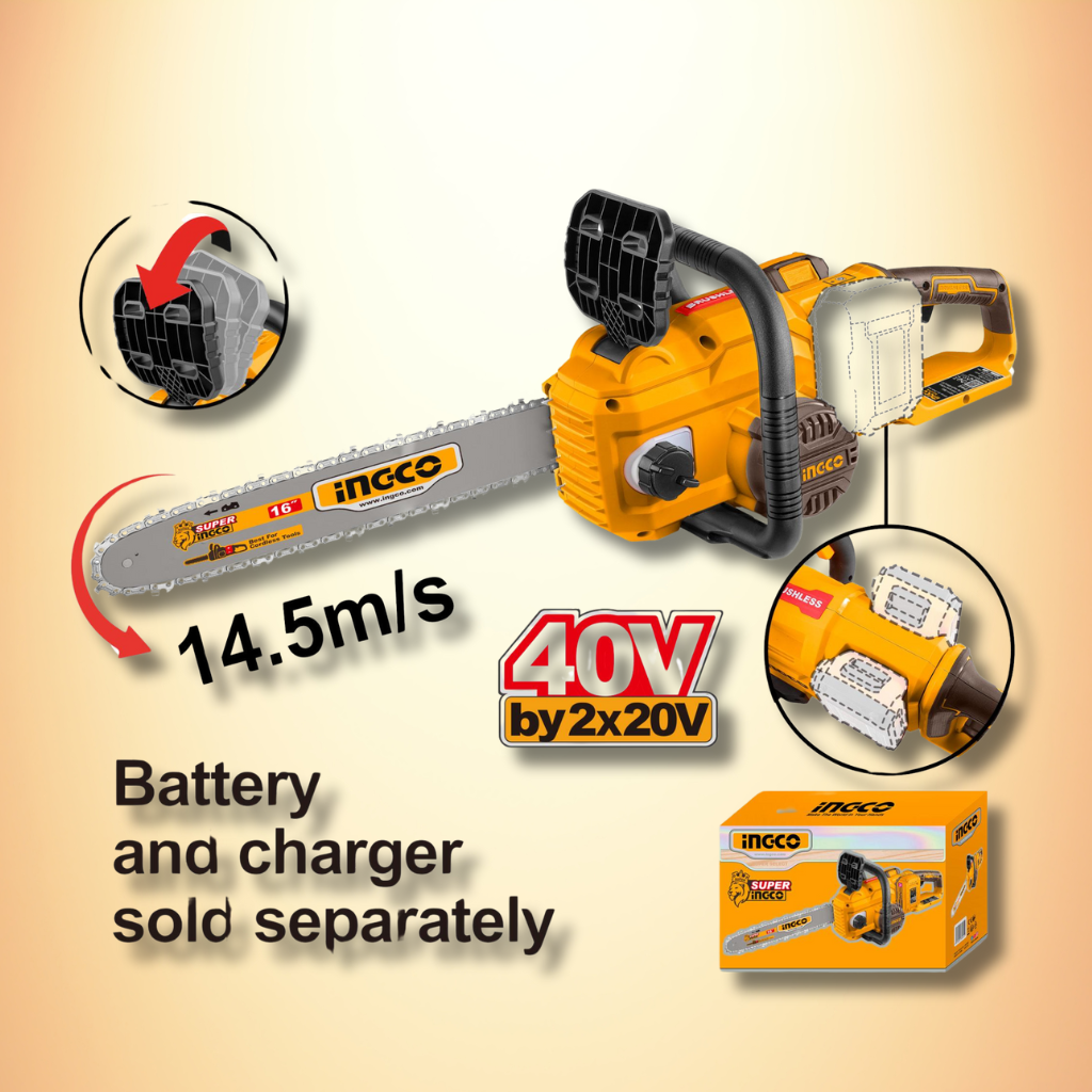 Ingco 40V Brushless 16" Lithium-Ion Cordless Chain Saw with 14.5m/s Chain Speed – CGSLI40168
