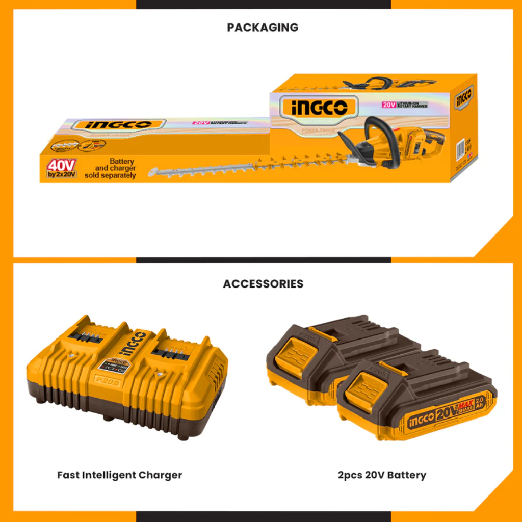 Ingco Brushless Lithium-Ion Cordless Hedge Trimmer with Two 20V 2.0Ah Batteries & Charger - CHTLI400282