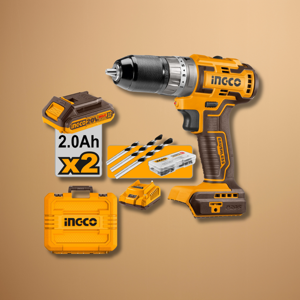 Ingco 20V Lithium-Ion Brushless Cordless Hammer Drill with Two 2.0Ah Batteries & Accessories – CIDLI20508