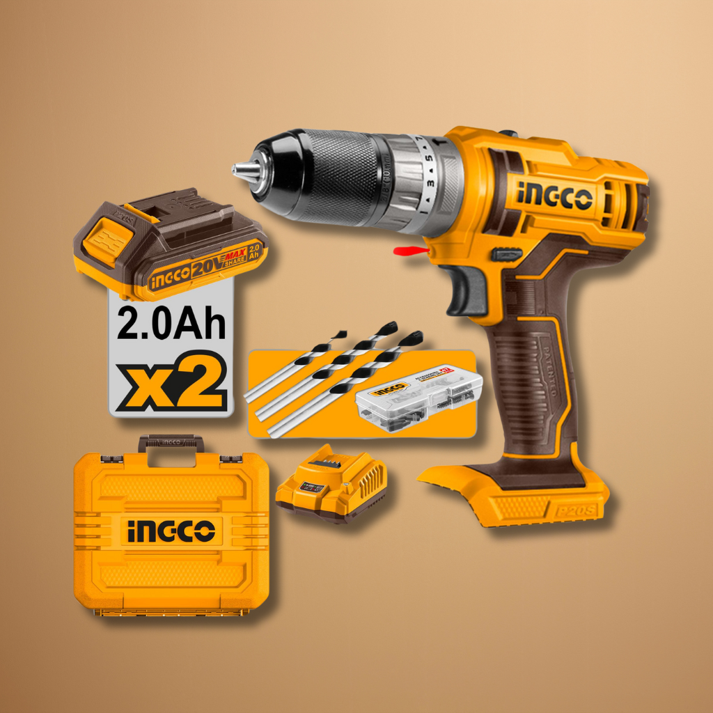 Ingco Lithium-Ion Cordless Hammer Impact Drill with Two 20V 2.0Ah Batteries & Charger - CIDLI201452