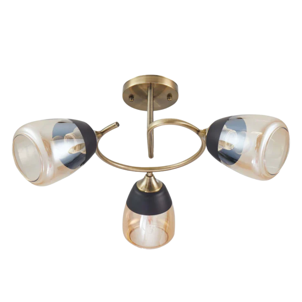 Amber 3 Lamps Black Bell Glass Antique Brass Metal Spiral Semi Flush Ceiling Light