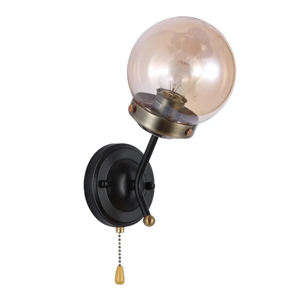 Amber Glass Antique Brass and Black Globe E27 Wall Light with Pull Down Switch