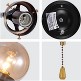 Amber Glass Antique Brass and Black Globe E27 Wall Light with Pull Down Switch