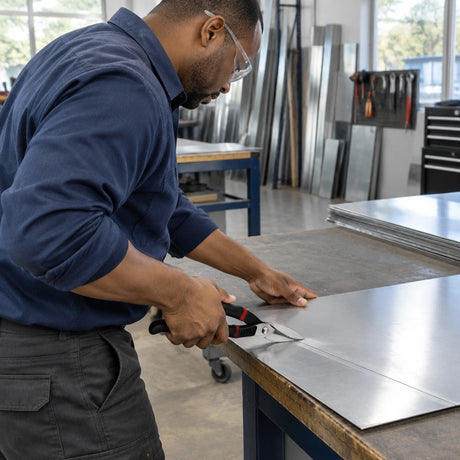 African American sheet-metal technician using Alpro hand snips to cut a straight line in aluminium flashing