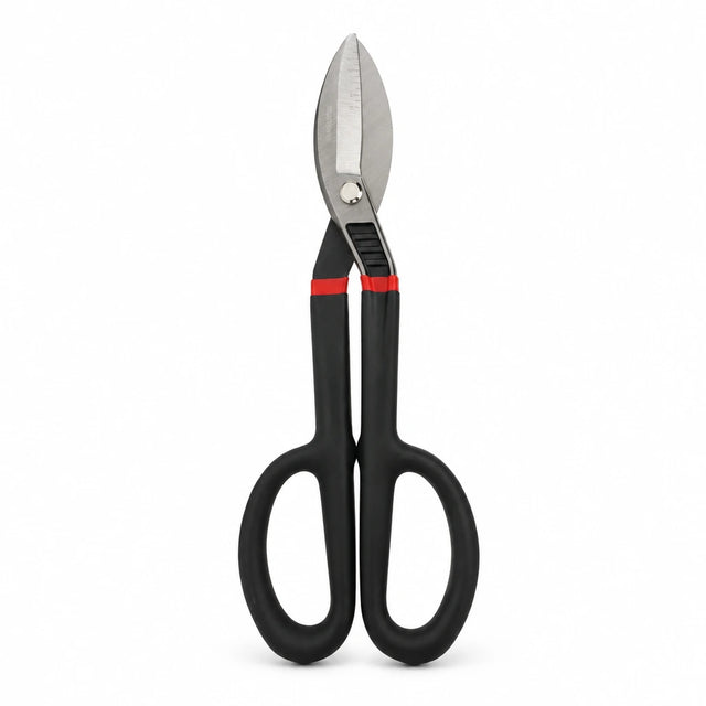 Alpro straight-pattern hand snip with silver blades and black red-accented handles on a white background