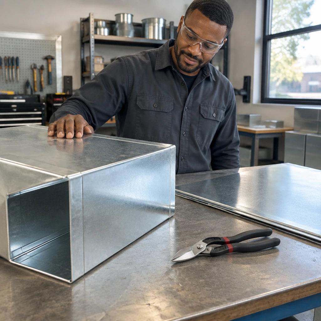 Cleanly cut aluminium duct panel with Alpro straight-pattern hand snips resting on the fabrication bench