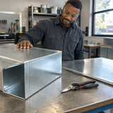 Cleanly cut aluminium duct panel with Alpro straight-pattern hand snips resting on the fabrication bench
