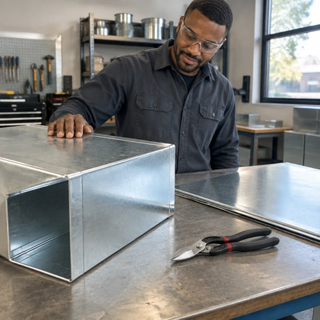 Cleanly cut aluminium duct panel with Alpro straight-pattern hand snips resting on the fabrication bench