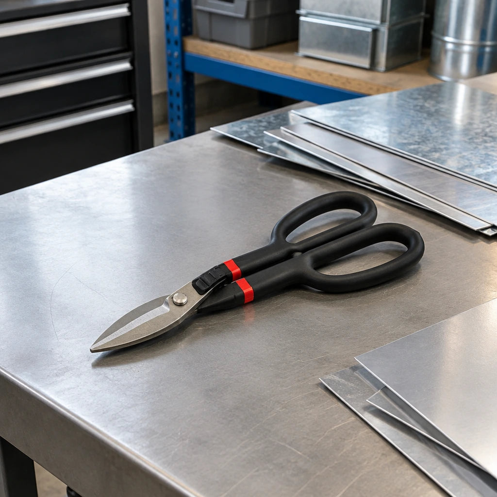 Alpro straight-pattern hand snip resting on an organised sheet-metal fabrication bench
