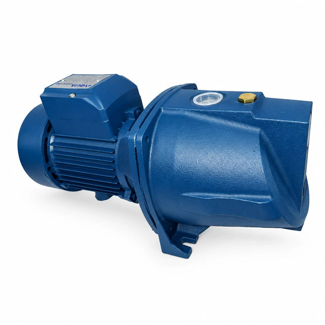 Aqua 1HP blue self-priming jet water pump with cast-iron body and integrated motor on white background