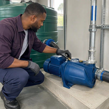 African American maintenance technician priming an Aqua 1HP self-priming jet pump in a clean plant room