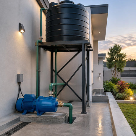 Aqua self-priming jet pump supporting a ready elevated clean-water storage system in an orderly utility area