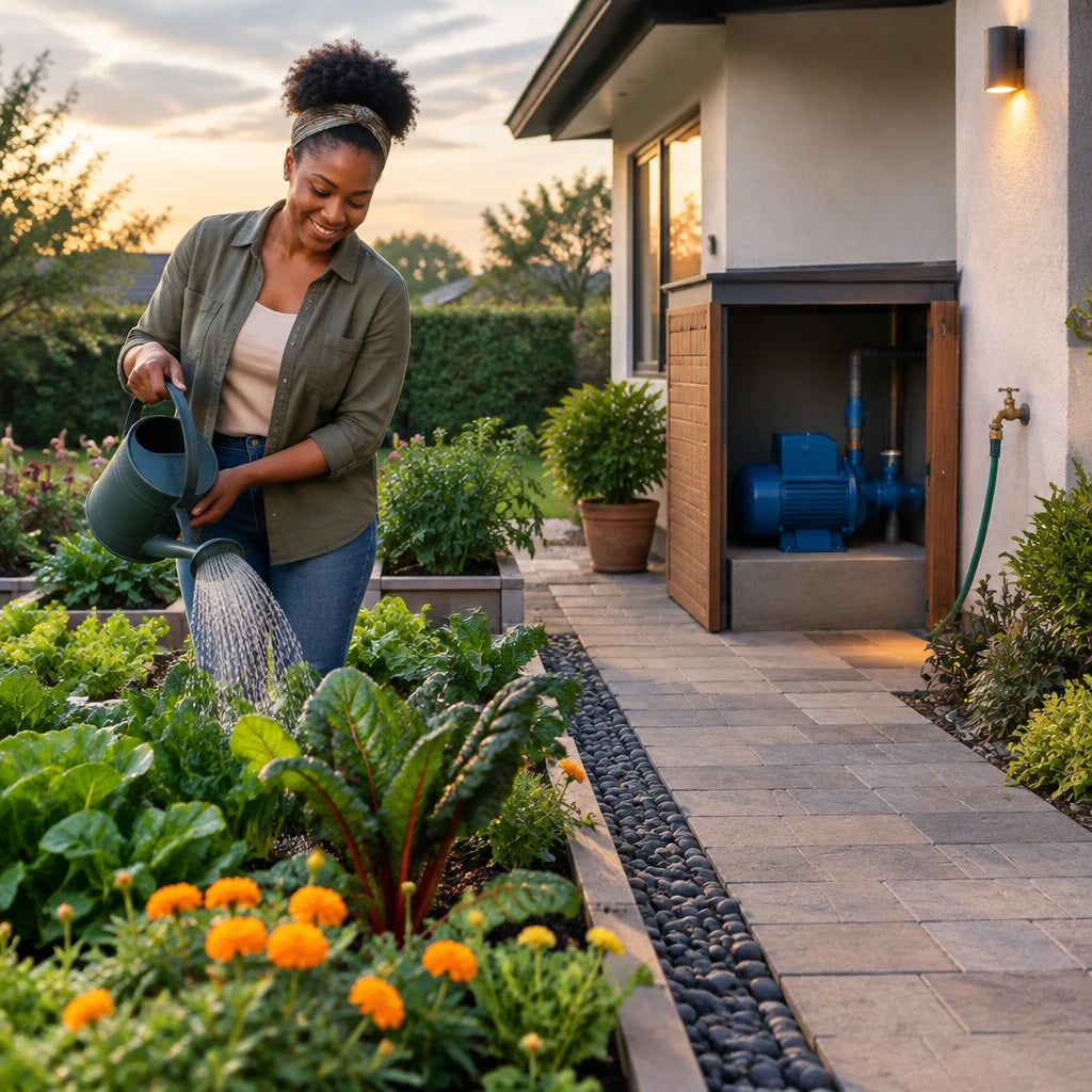 Healthy watered garden beds and a ready outdoor tap with the Aqua water pump resting in its covered enclosure.