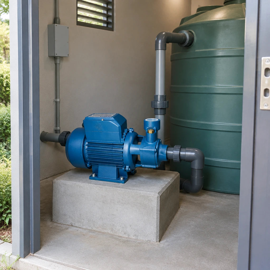 Aqua cast-iron water pump resting beside a clean-water storage tank in a covered residential pump room.