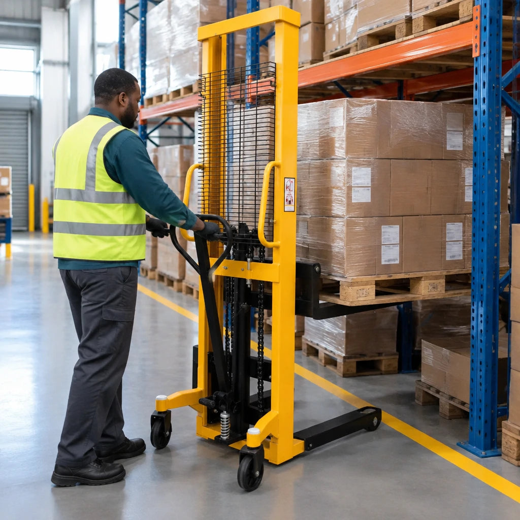 African American warehouse operator using an Atlas manual hydraulic stacker to raise a pallet of cartons toward storage racking