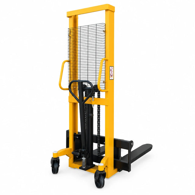 Atlas SDJ1000 yellow 1-ton manual hydraulic stacker with black mesh guard and forks on white background