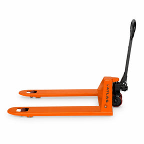 Atlas 2.5T orange manual hydraulic pallet truck with twin 1220mm forks and upright steering handle on a white background
