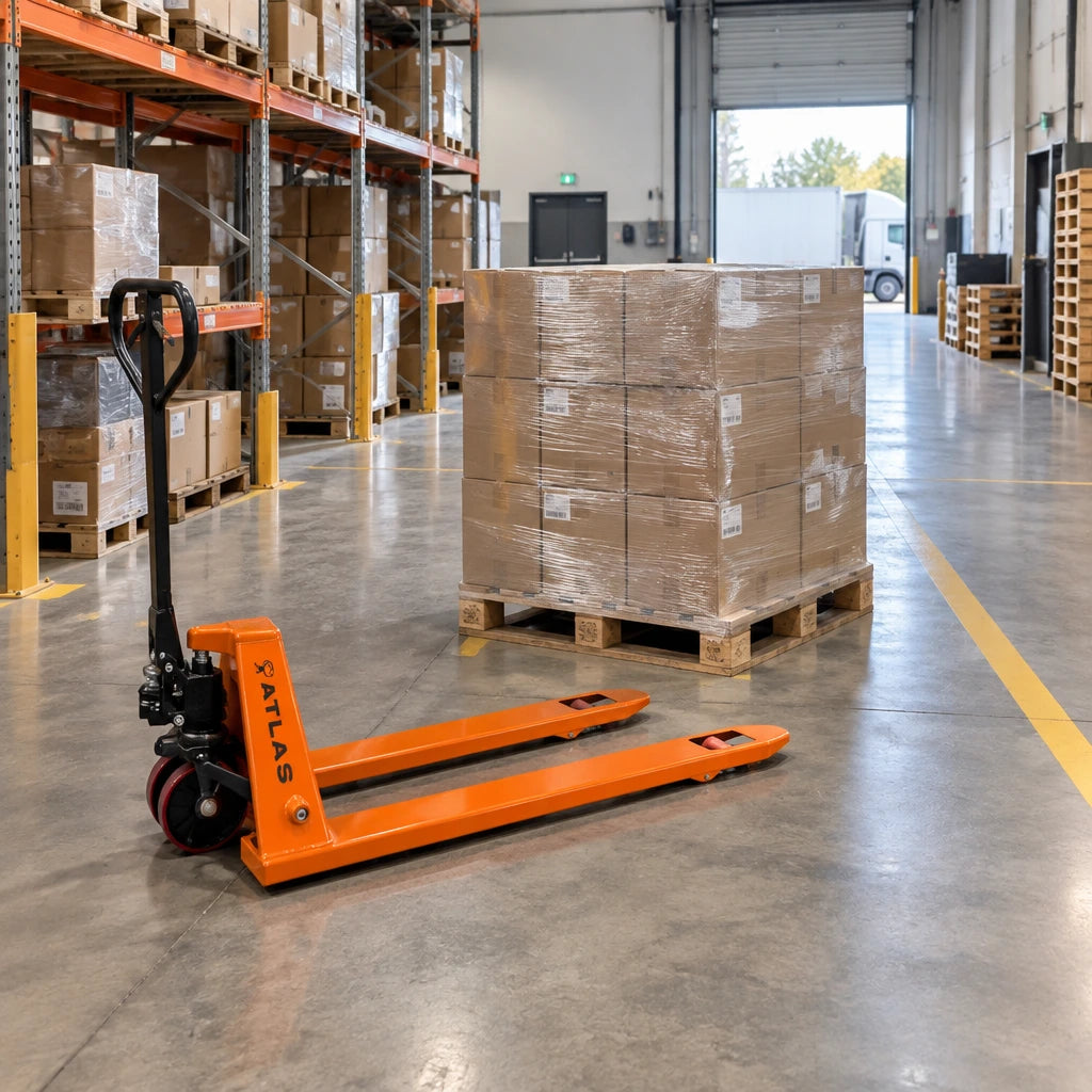Organised wholesale stockroom with palletised cartons staged for dispatch and an Atlas manual pallet truck resting nearby