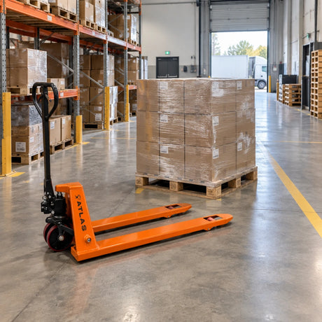 Organised wholesale stockroom with palletised cartons staged for dispatch and an Atlas manual pallet truck resting nearby